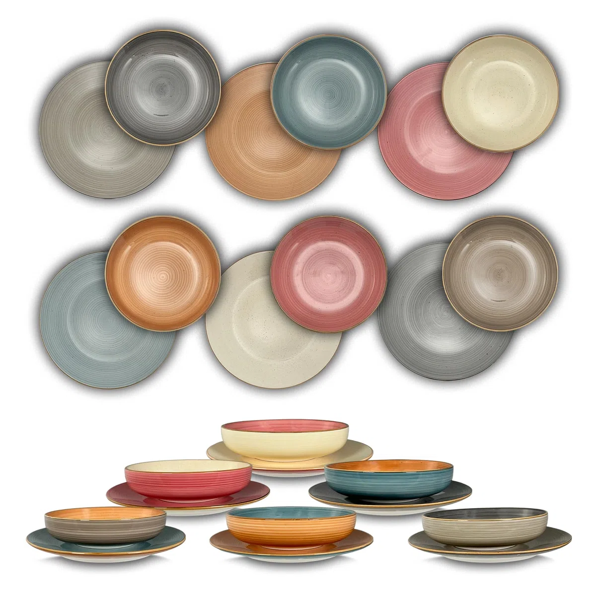 ARCA, Set 12 Piatti Coordinati Maya in Ceramica Decorata, Servizio per 6 Persone, con Piatti Fondi e Piani, Moderni e Colorati, Lavabili in Lavastoviglie