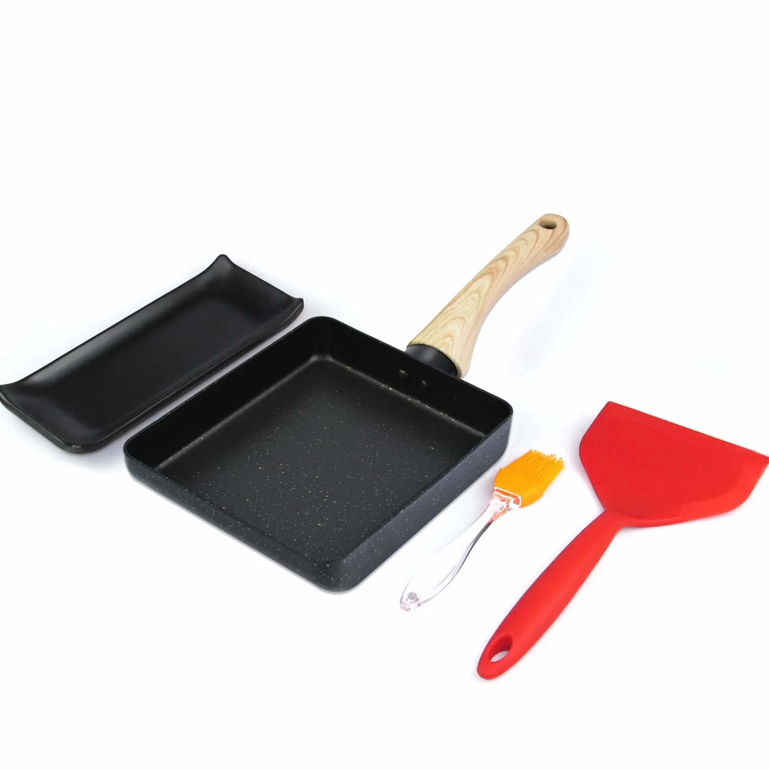 Artcome padella giapponese per omelette con rivestimento antiaderente Tamagoyaki Egg Pan rettangolare, con spatola e pennello in silicone, piastra nera e gomma magica, 17,8 x 15,2 cm (nero)