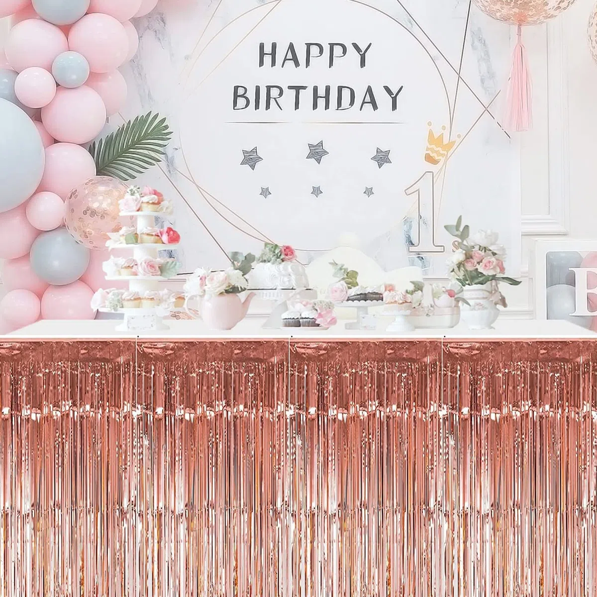 Confezione da 4 gonne da tavolo con frange metallizzate per tavolo rettangolare, tende da sfondo, per matrimoni, feste di compleanno, galleggianti da sfilata, tavoli da dessert, 73 x 274 cm,
