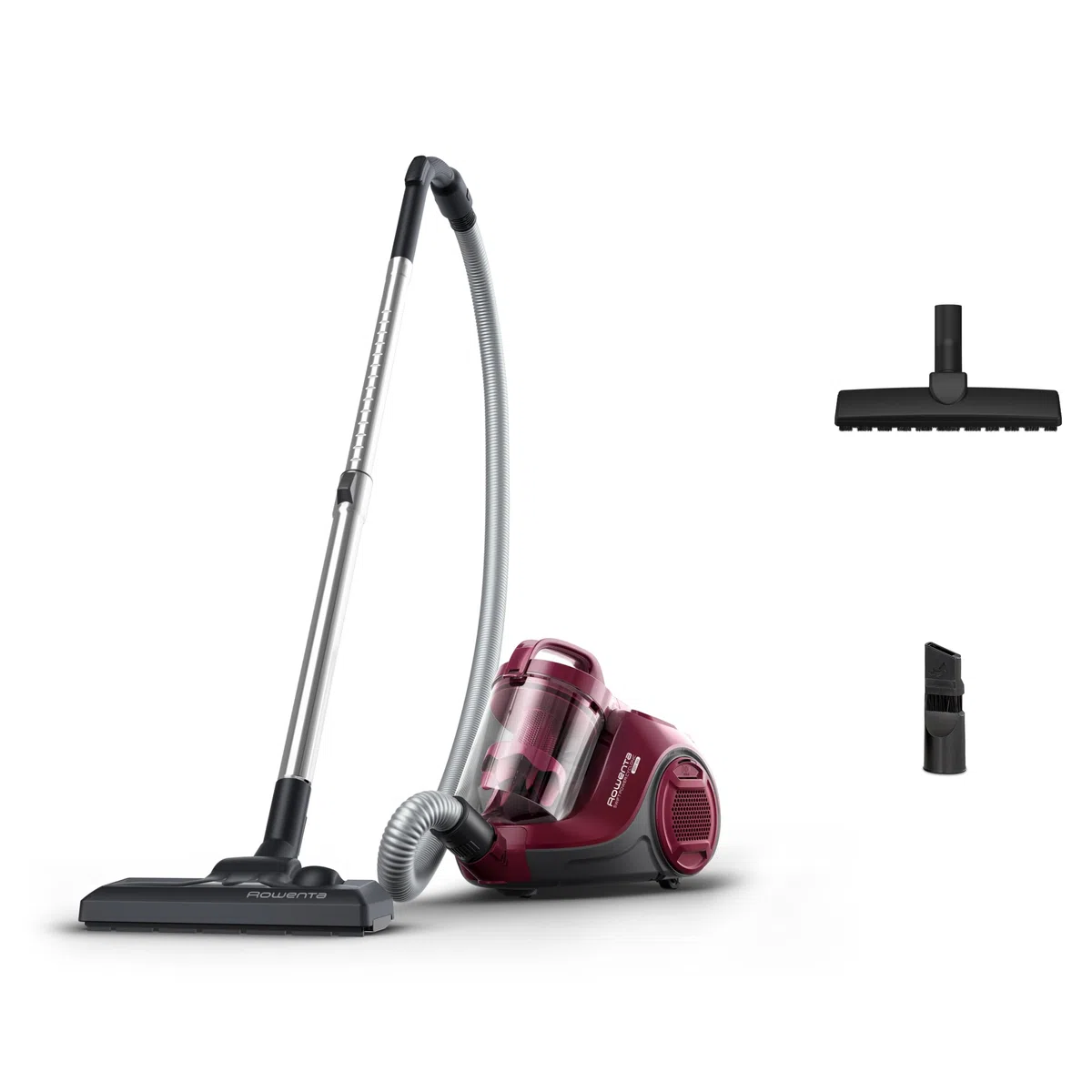 Rowenta Aspirapolvere a Traino Senza Sacco, Tecnologia Ciclonica, Design Compatto, Leggero, Filtro ad Alta efficienza spazzola parquet, Colore Rosso Vino, RO2933
