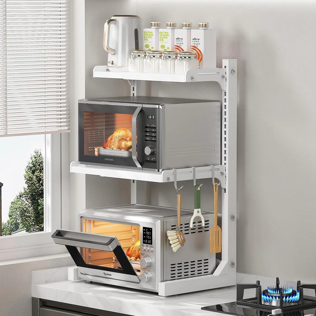 ABCOOL Rastrelliera retrattile regolabile a 2 assi per forno a microonde, espandibile e regolabile in altezza, in acciaio al carbonio, con 3 ganci a clip, supporto per forno elettrico