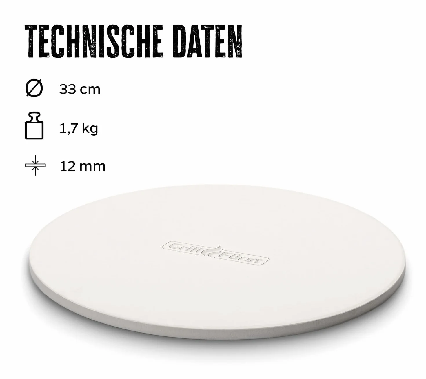 Grillfürst Pietra per Pizza Rotonda in Cordierite - Piastra per Pizza per Grill e Forno, Pietra da Forno a Riscaldamento rapido per pizze croccanti, Ø 33 cm