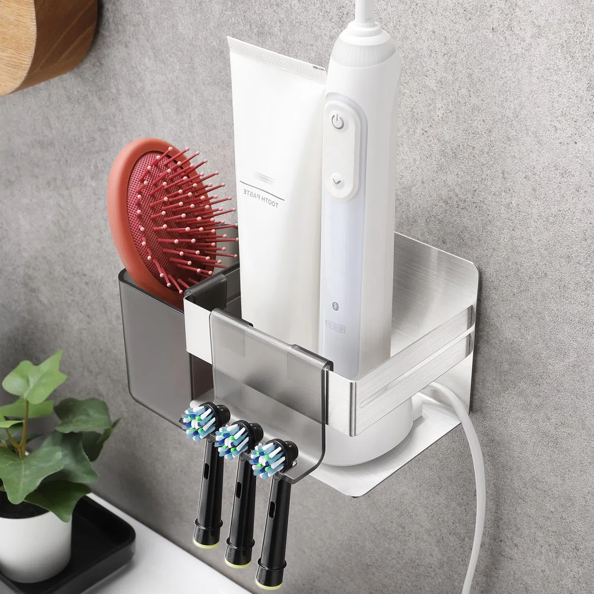 ALOCEO Porta Spazzolino per Spazzolini Elettrici da Parete Set Custodia, Porta Testine Spazzolino Elettrico con 2 Ganci, Organizzare il Spazzolino Caricabatterie e Dentifricio, Argento