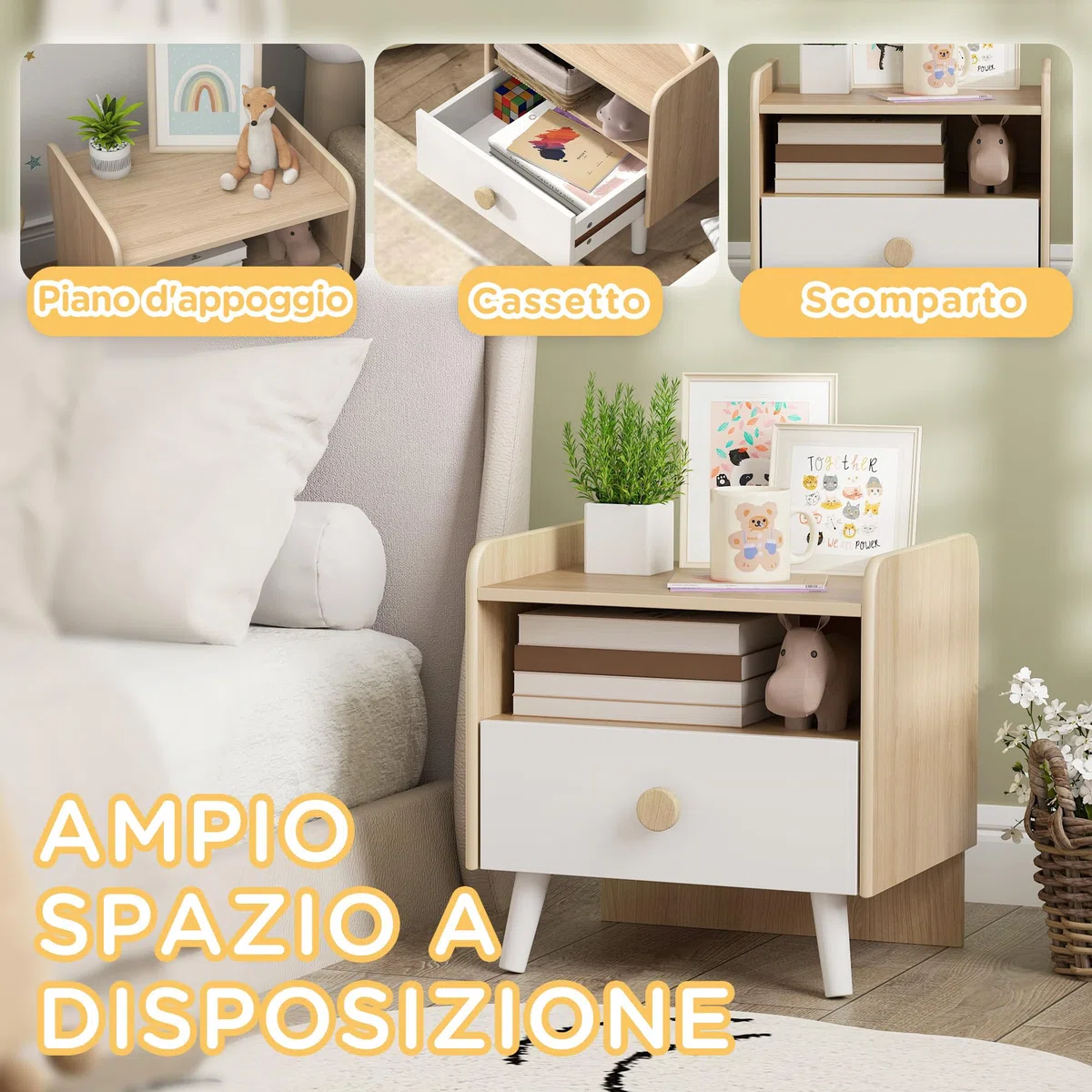 AIYAPLAY Comodino con Cassetto per Bambini 3-10 Anni dal Design Minimal, Comodino per Camera da Letto in MDF e Legno di Pino, 40x32.5x40 cm, Bianco e Legno Naturale