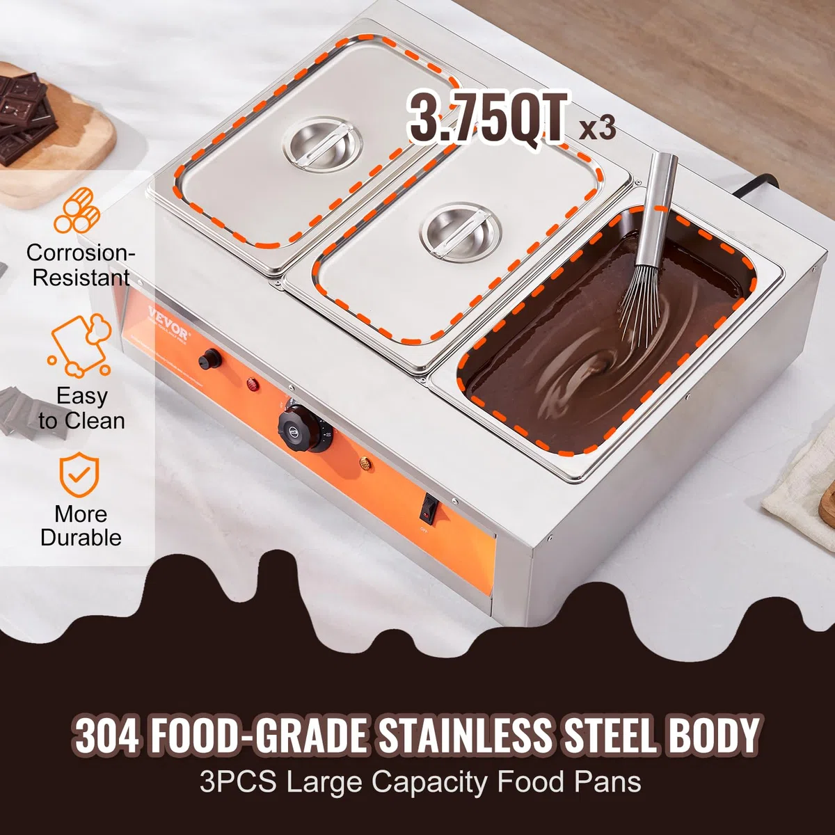 VEVOR Macchina per Fusione di Cioccolato in Acciaio Inox 3 Vasche da 3,3 L, Pentola Elettrica di Fusione del Cioccolato 1500 W Uso Commerciale per Hotel Albergo, Bagnomaria per Cioccolato 30℃ - 85℃
