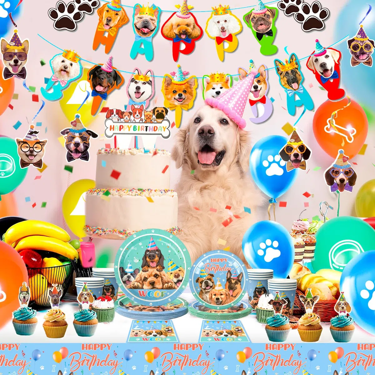 Festa di Compleanno di Tema del Cane,16ospiti Decorazione Stoviglie per Feste Cane Striscione Compleanno Palloncini Piatti Tovaglioli Tovaglia etc Forniture per Feste di cucciolo