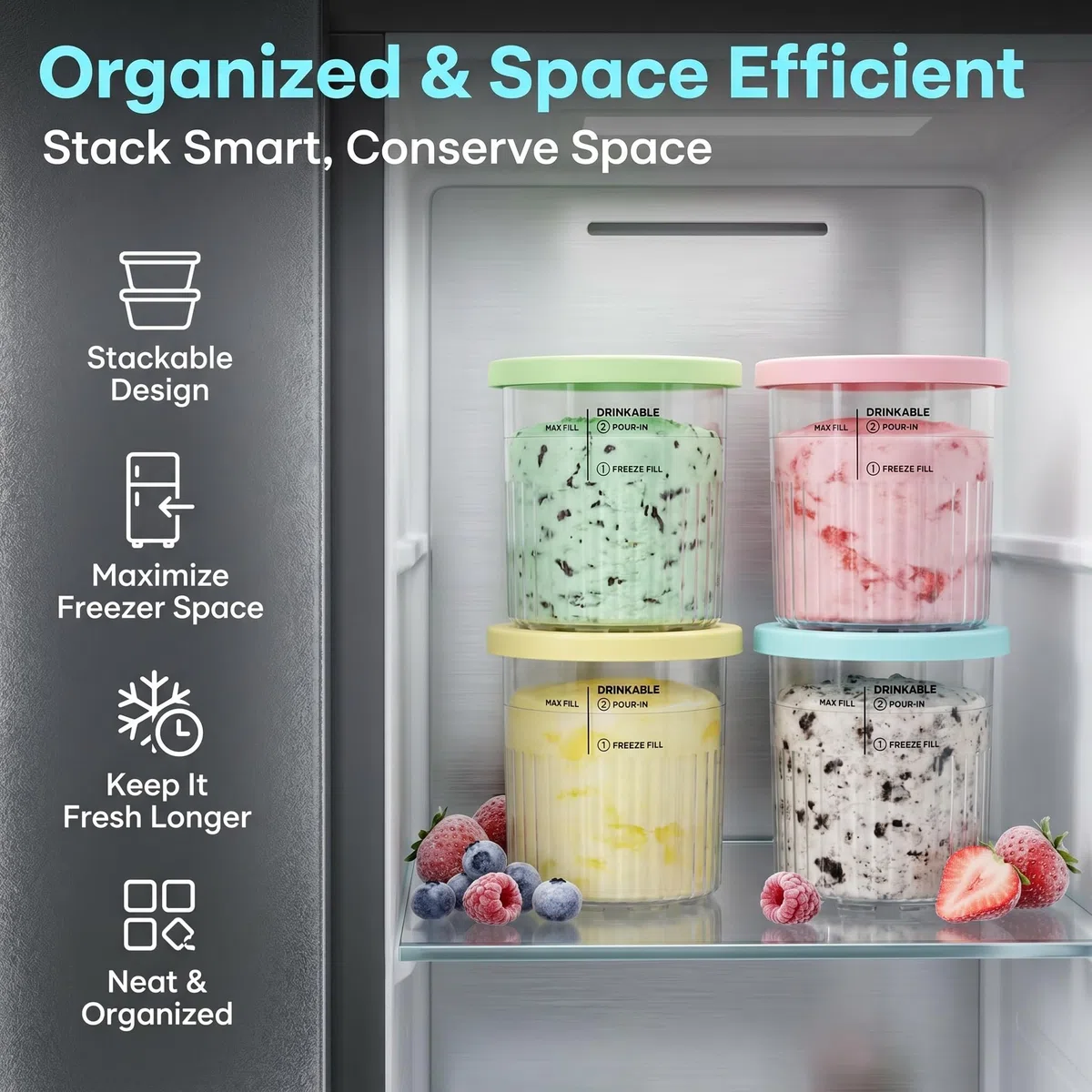 Set di 4 contenitori per ninja CREAMi Deluxe, 24oz Ice Cream Pints con coperchi colorati, inclusi 4 mini cucchiai e porzionatori per gelato in acciaio inox, senza BPA, lavabili in lavastoviglie