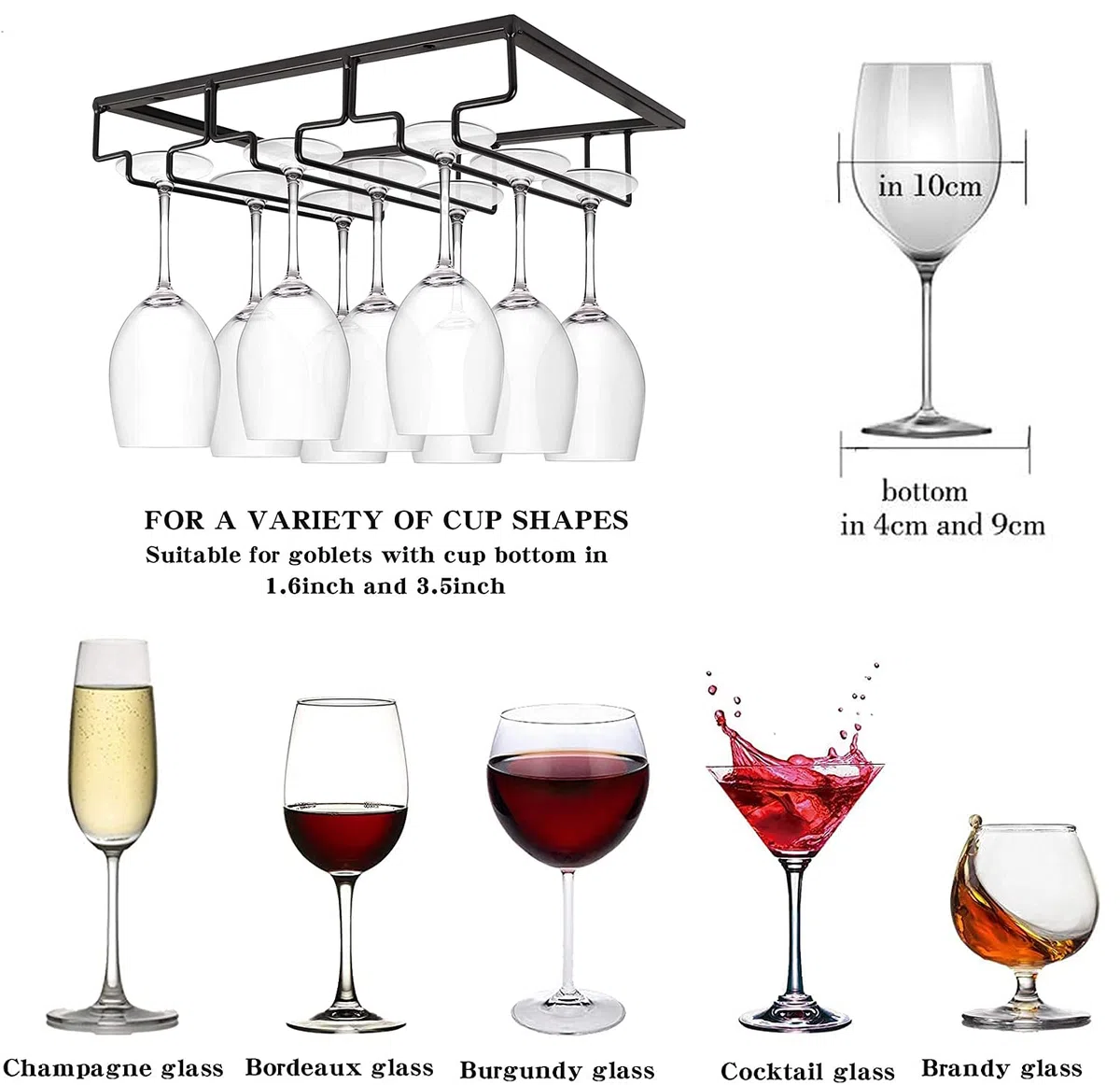 Porta Bicchieri da Vino Supporto per Calici in Metallo per Bar e Cucina Gancio Sottopensile Organizer in Acciaio Inox Scaffale di Stoccaggio (Black, 3 Rows 1 Pack)