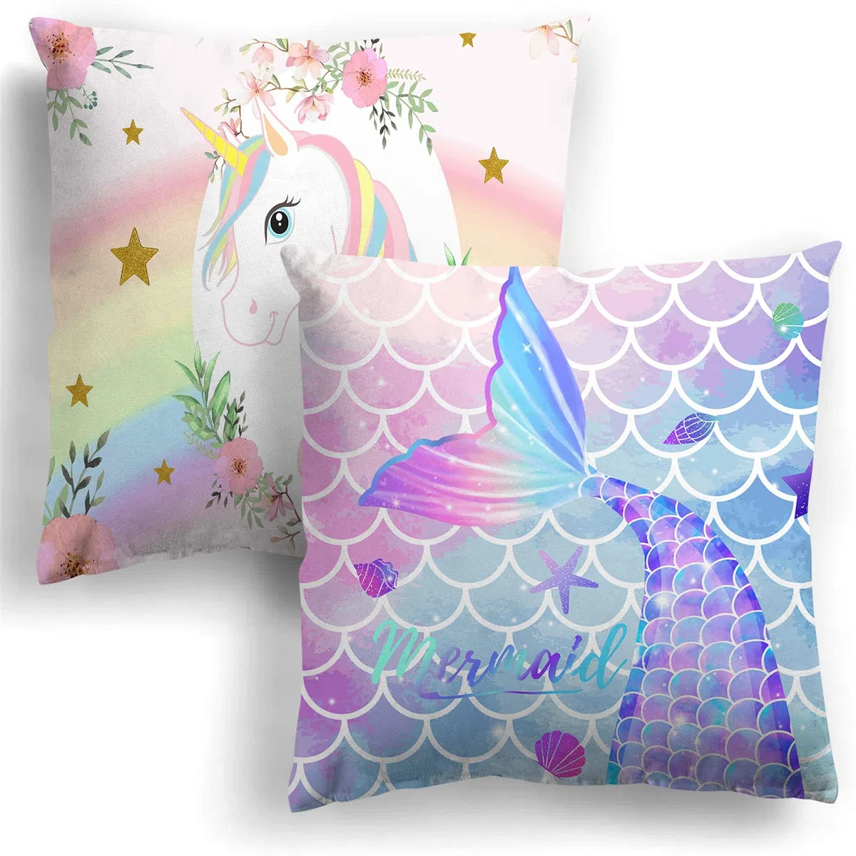 MUSOLEI 2 pezzi Unicorno Copricuscino 45X45 Bambini Velluto Sirena Copricuscino Peluche Divano Copricuscino con Federe Cerniera Ragazze, Unicorno A