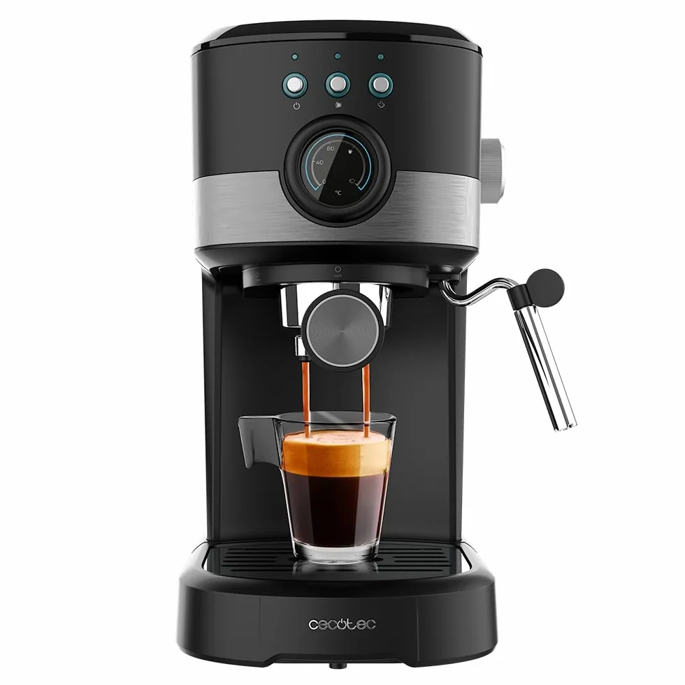 Cecotec Macchina da Caffè Espresso Power Espresso 20 Pecan Pro. 1100 W, Tecnologia ForceAroma da 20 bar, Vaporizzatore Orientabile, Braccio Doppio, Piastra Riscaldatrice per Tazze