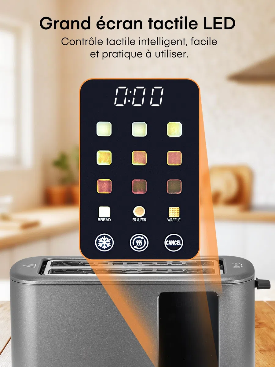 Tostapane 4 Fette con Touch Screen, Ampia Fessura e 9 Livelli, Acciaio Inossidabile, Vassoio Estraibile, Funzioni Scongelamento/Riscaldamento