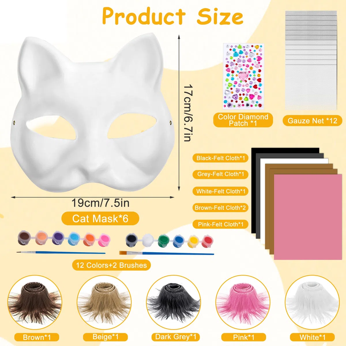 Tunejoy Maschera Gatto Bianca Vuota 6 Pezzi Therian Maschera Gatto Kit DIY Dipinta Mano Maschere con Finta Pelliccia e Foglio di Feltro per Carnevale Cosplay Natale Halloween