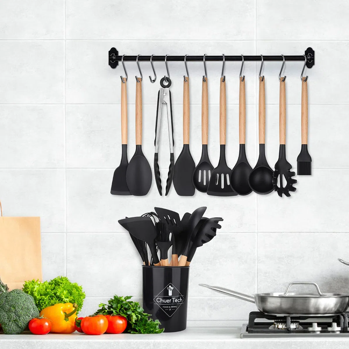 Utensili da cucina in silicone per legno, 12 pezzi, accessori da cucina, set senza BPA, antiaderenti, antigraffio e resistenti al calore, strumento da cucina antiaderente per mestolo, spatola,