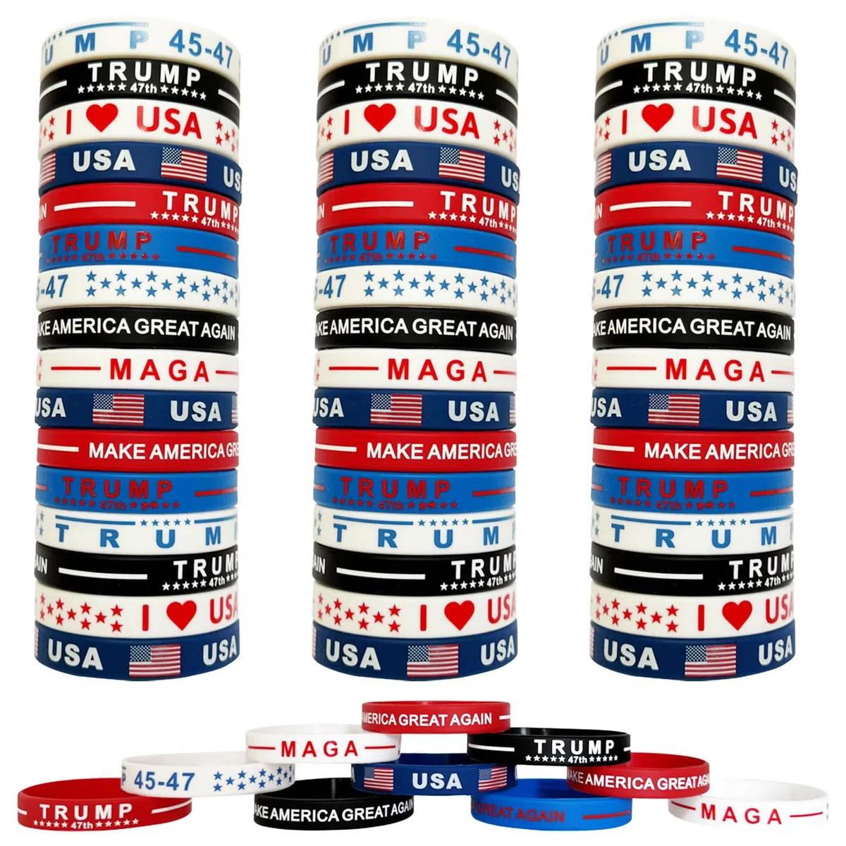Trump Bracciali 60 pezzi, Make Amarica Great Again Bandiera Americana, Accessori per Festa Patriottica Presidenziale, 4 luglio, decorazione rossa bianca e blu Bomboniere, Gomma