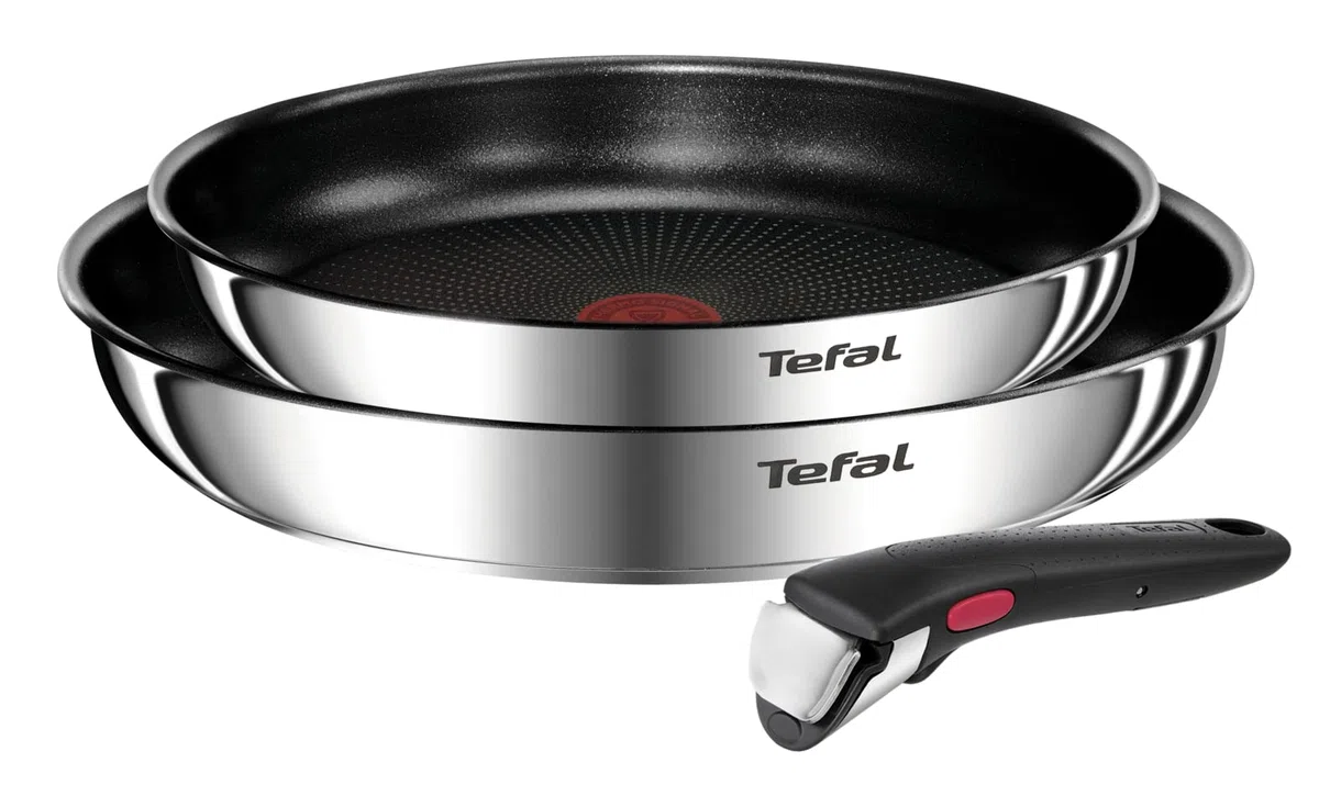 Tefal Emotion Ingenio - Set di 3 padelle ad induzione in acciaio inossidabile, misure 24/28 cm e un manico, colore argento