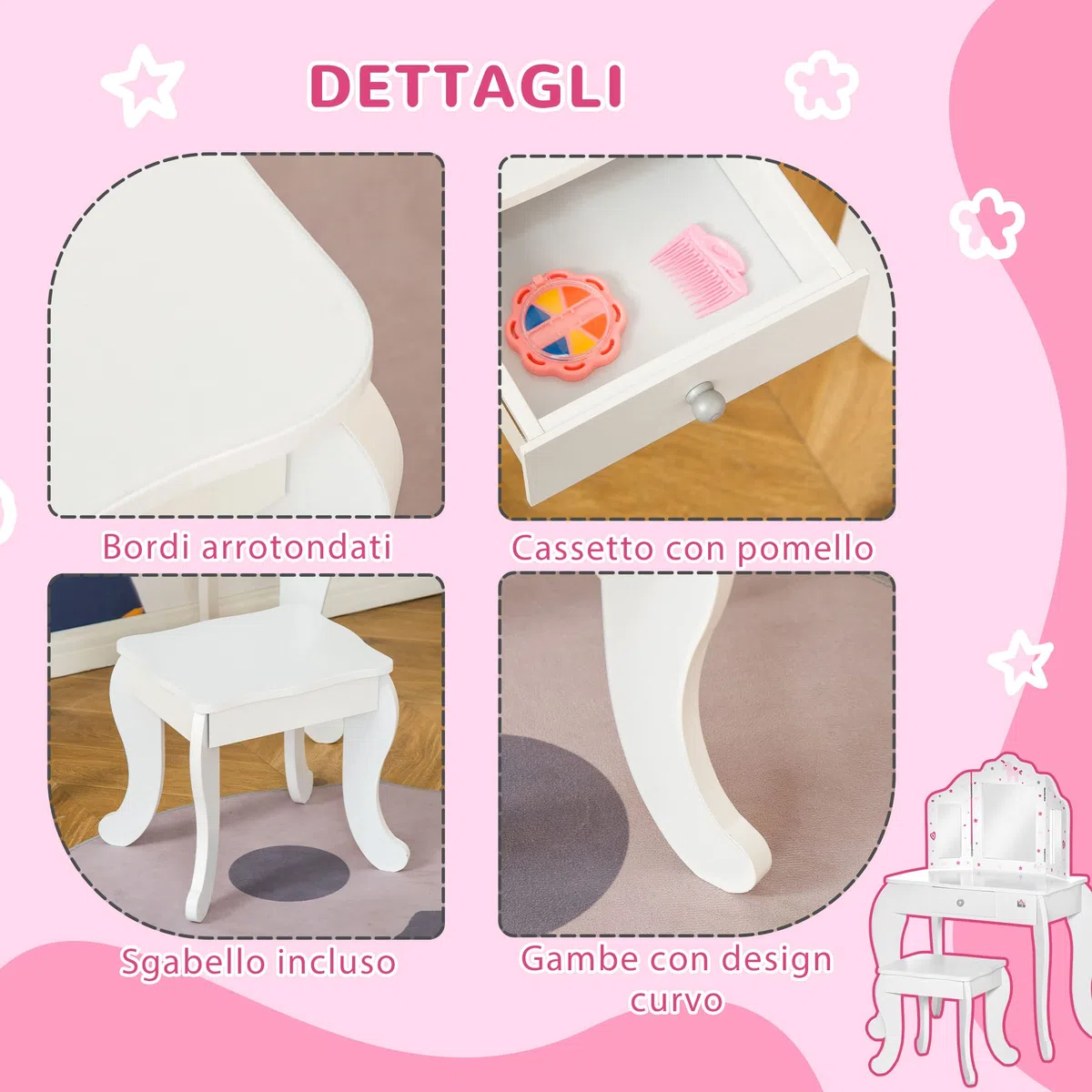 HOMCOM Tavolo da Trucco per Bambini con Sgabello 2 in 1 Scriniva in Legno e Triplo Specchio, Toeletta Trucco in MDF e Acrilico, 63x40x85.5 cm, Bianco e Rosa
