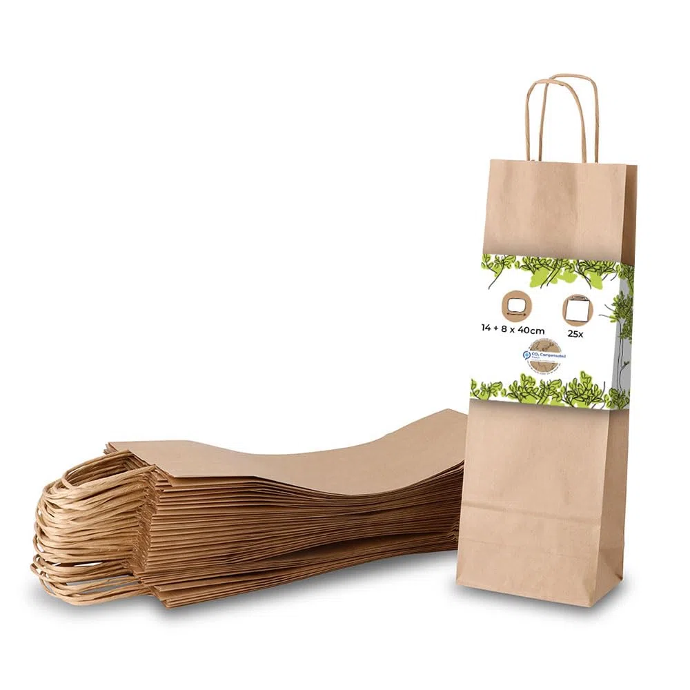 BIOZOYG Borsa per Bottiglie Sacchetti Regalo 25 pezzi 14 + 8 x 40 cm Marrone - Sacchetti di Carta Borsa per Vino Compostabile Sostenibile - Confezione Regalo Liquore Rum