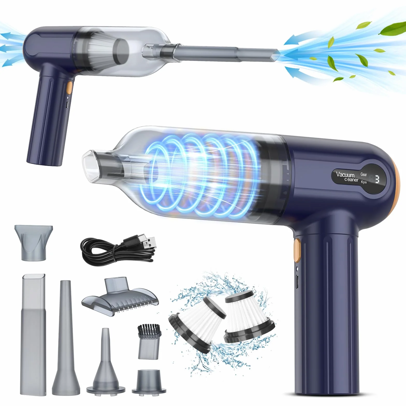 Tiazhan Aspirapolvere manuale, 15000 Pa, potente aspirapolvere a mano, 4 in 1, leggero soffiatore di polvere e aspirapolvere, display a LED, mini aspirapolvere ricaricabile USB, per auto (Blu)