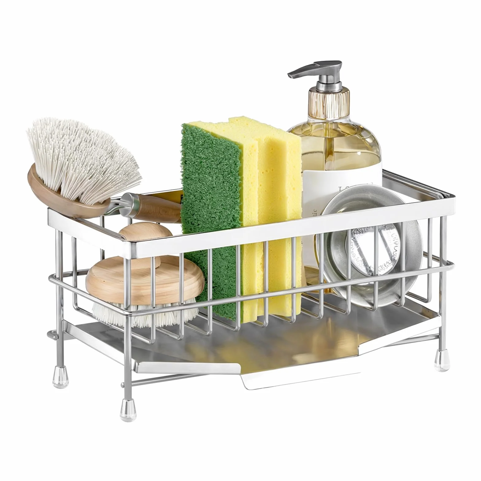 PAVSTINE Porta Spugne Lavello Cucina in 304 Acciaio Inox, Portaspugne per Lavello con Raccogli Gocce Scolapiatti Rimovibile, Portaoggetti Spugne per Cucina Appoggio, Kitchen Organizer Facile da Pulire