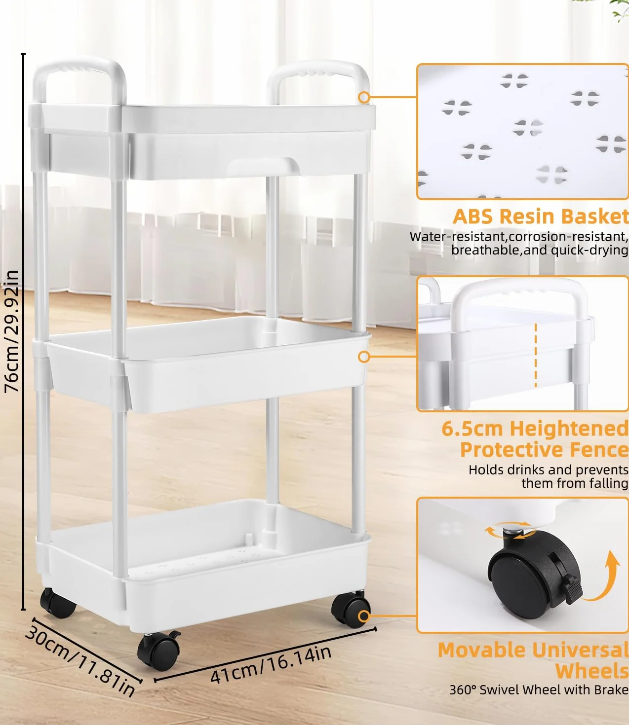 Carrello con Ruote Portatutto Cucina con Cassetto, Carrello Portaoggetti Multifunzionale con Maniglia, Gancio, Ruote Bloccabili, Carrellino per auto di Facile Montaggio per Bagno, Bianco