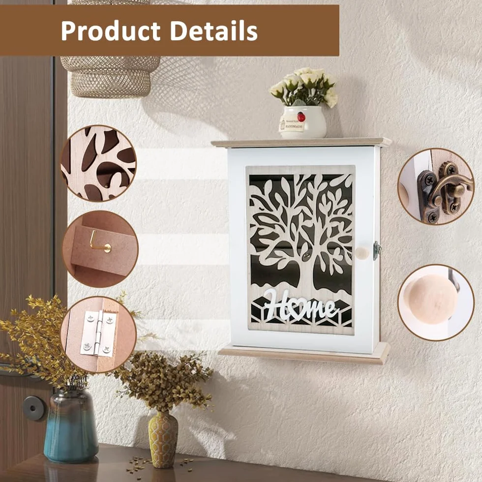 Cassetta portachiavi in legno, vintage, con 6 ganci per chiavi, design retrò, per chiavi, gioielli, piccoli oggetti, 22 x 7 x 28,5 cm, bianco