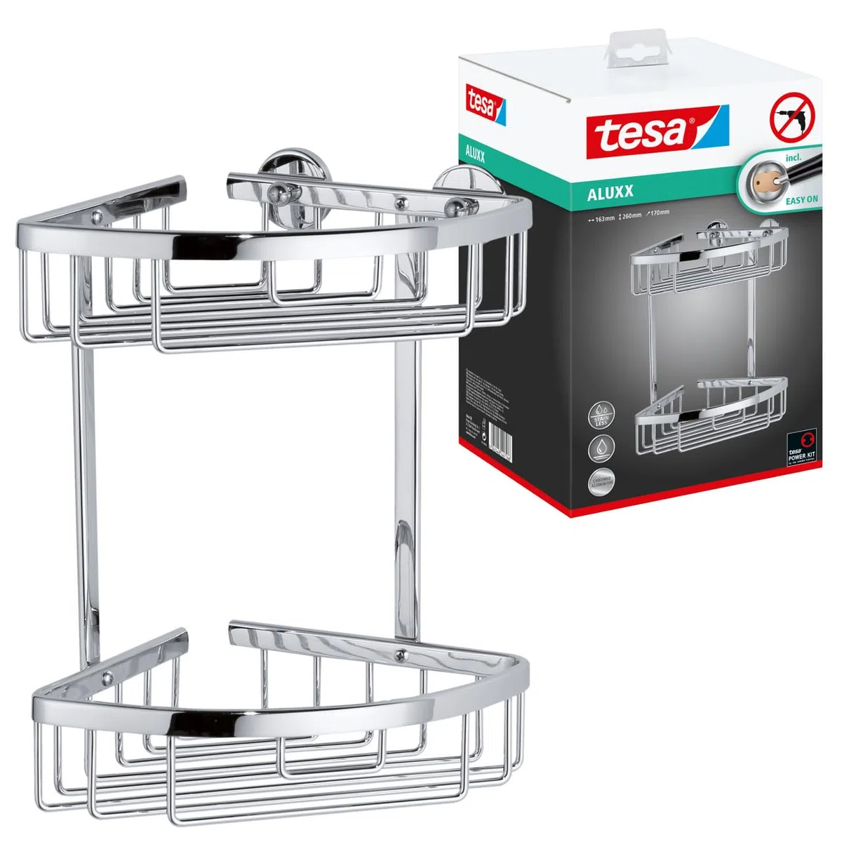 Tesa Cestino Portaoggetti Doccia Largo Aluxx, Alluminio Cromato Lucido, Autoadesivo, Tecnologia Adesiva di Montaggio, 92mm x 450mm x 125mm