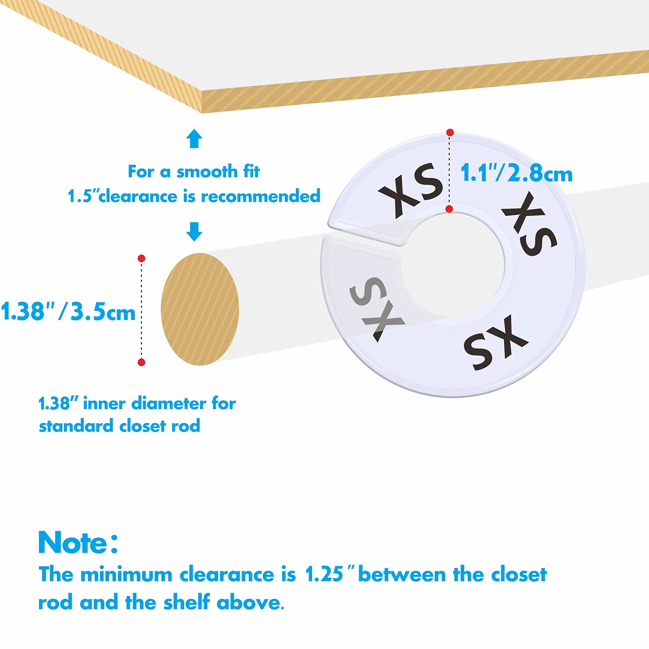 40 pezzi divisori rotondi in plastica bianca per armadio, prestampati in 8 taglie XXS, XS, S, M, L, XL, XXL, XXXL (esterno 9 cm, diametro interno 3,5 cm)