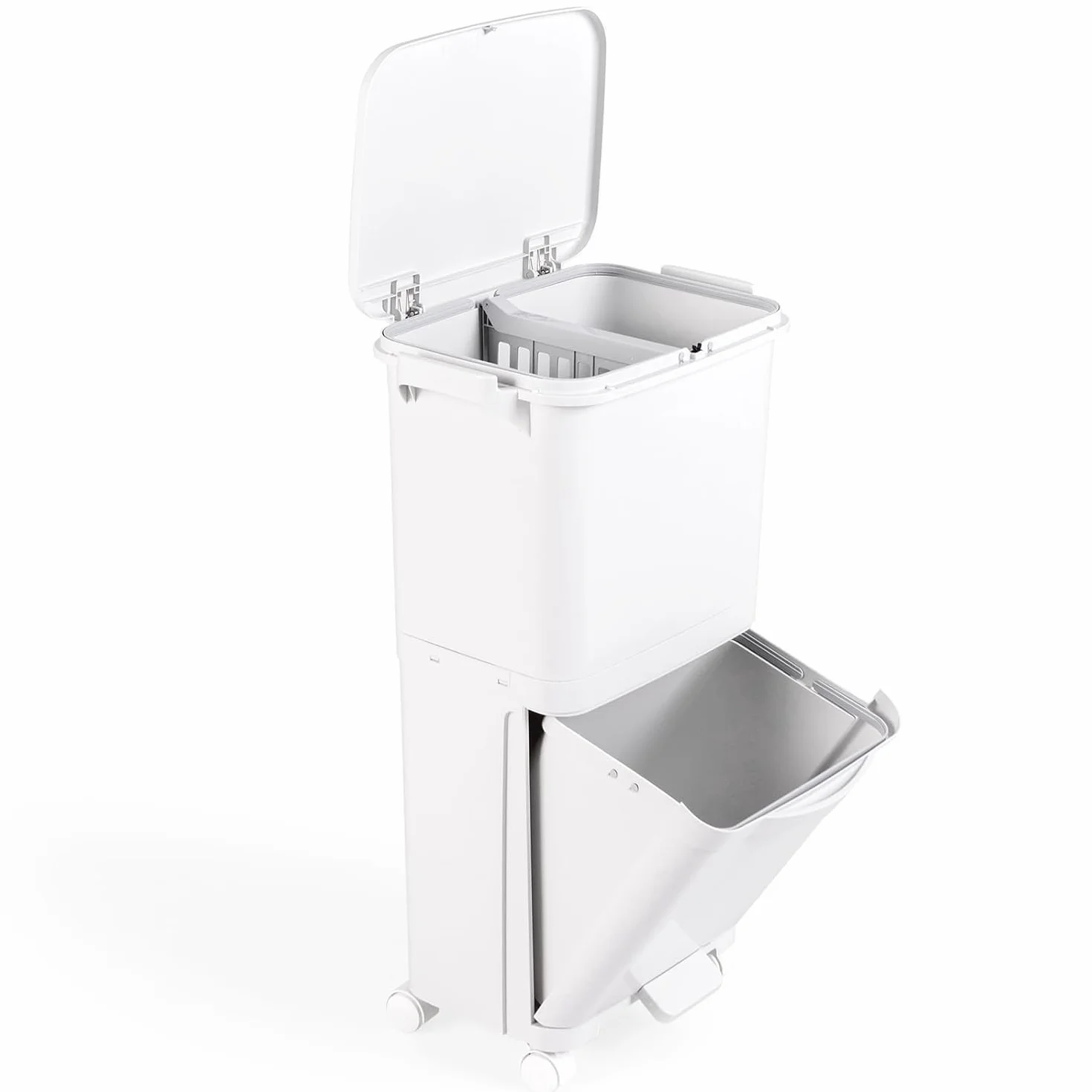 LIFEZEAL Pattumiera Differenziata a 3 Scomparti, Stretto, Coperchio a Pressione, Pedale, 4 Ruote, 2 Maniglie, Cestino Spazzatura Rimovibile, Bidoni Interno, Secchio Rifiuti, Cucina (Bianco, 40 L)