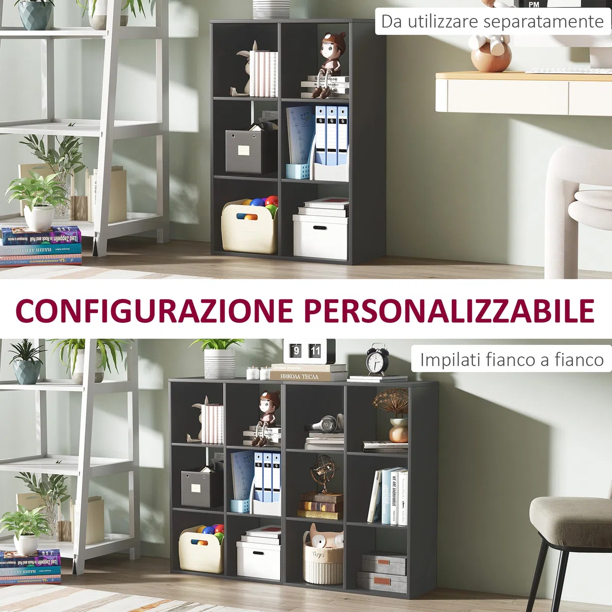 HOMCOM Libreria a Cubi con 6 Ripiani Portaoggetti dal Design Rustico, Libreria Moderna in Legno, per Cameretta, Studio, Ufficio, 61.5x29.5x91.5 cm, Nero