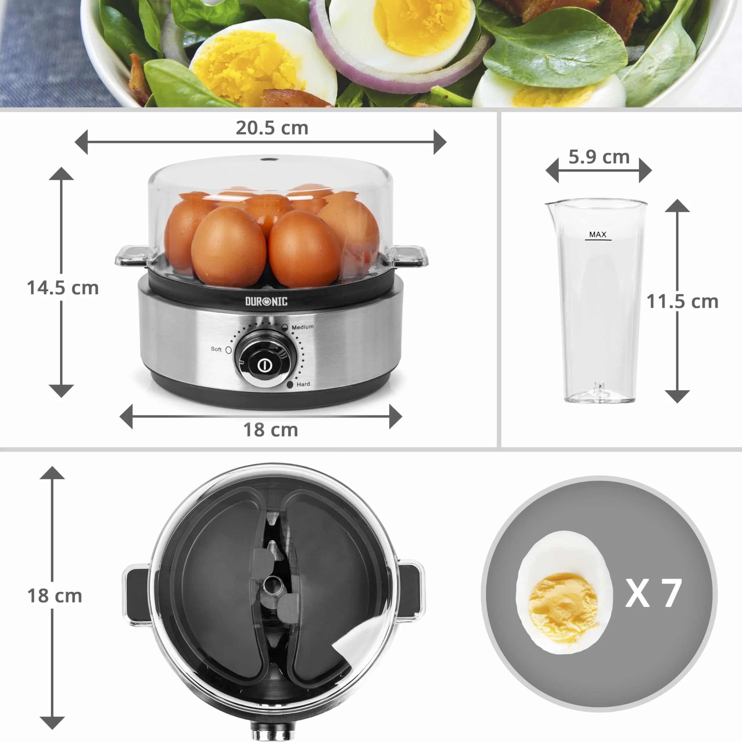 Duronic EB40 BK Cuociuova elettrico 400W Cuoci uova fino a 7 uova Bollitore uova per uova Sode Medie Alla coque Cuocitore di Uova con 2 vassoi per Frittata e uovo in camicia Omelet maker Egg cooker