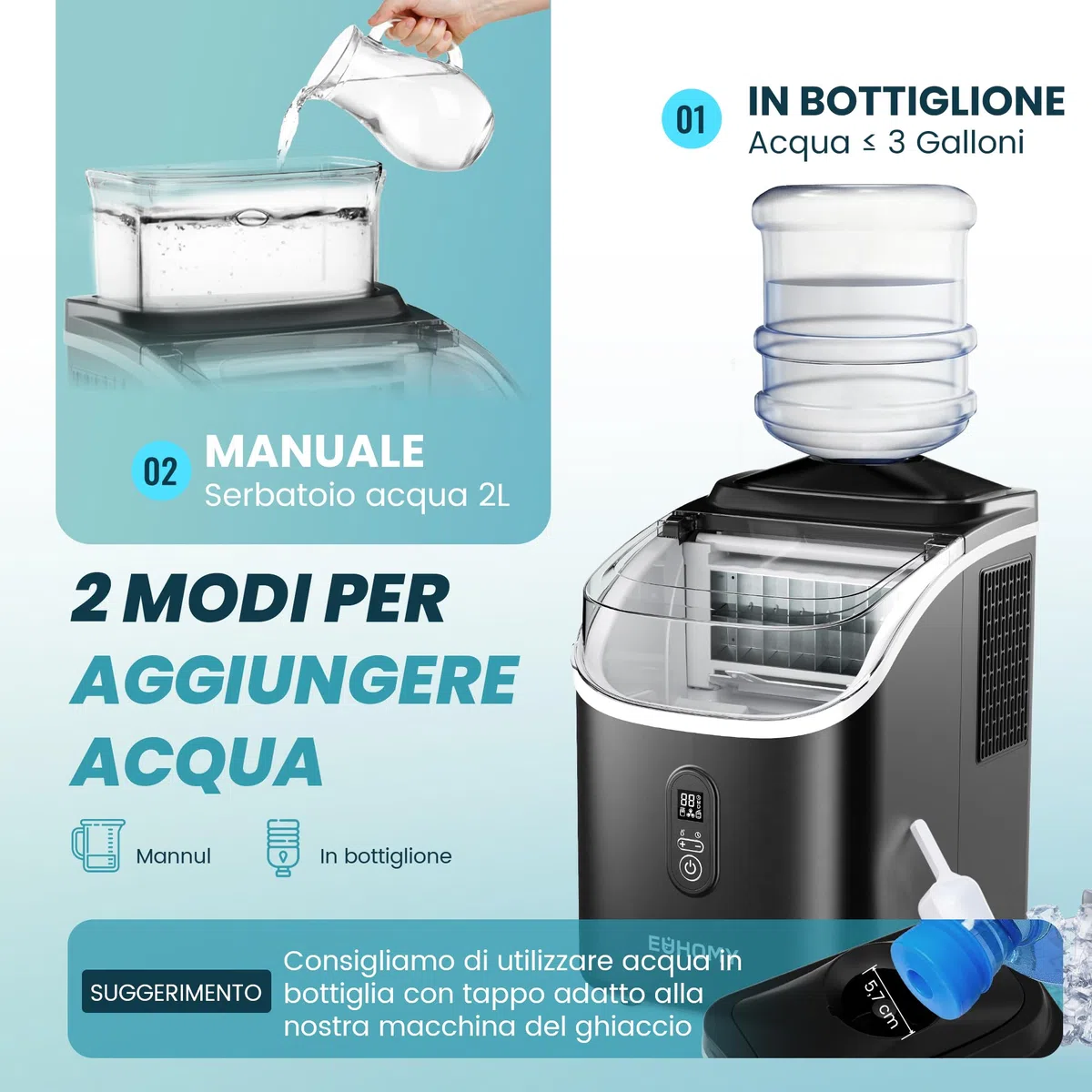 EUHOMY Macchina del Ghiaccio Casa: 15 KG/24H, 16 Cubetti in 13 Minuti Macchina per il Ghiaccio Autopulente, 1,5L con Paletta/Cestello, per Cucina/Ufficio, Nero
