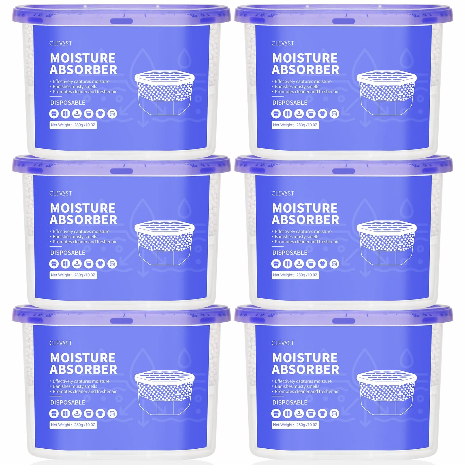 CLEVAST 6 Pezzi Deumidificatore casa muffa, Assorbitore di Umidità per Ambienti, Neutralizzatore di Odori, Deumidificatore per Cucina, Armadio, Bagno e Studio