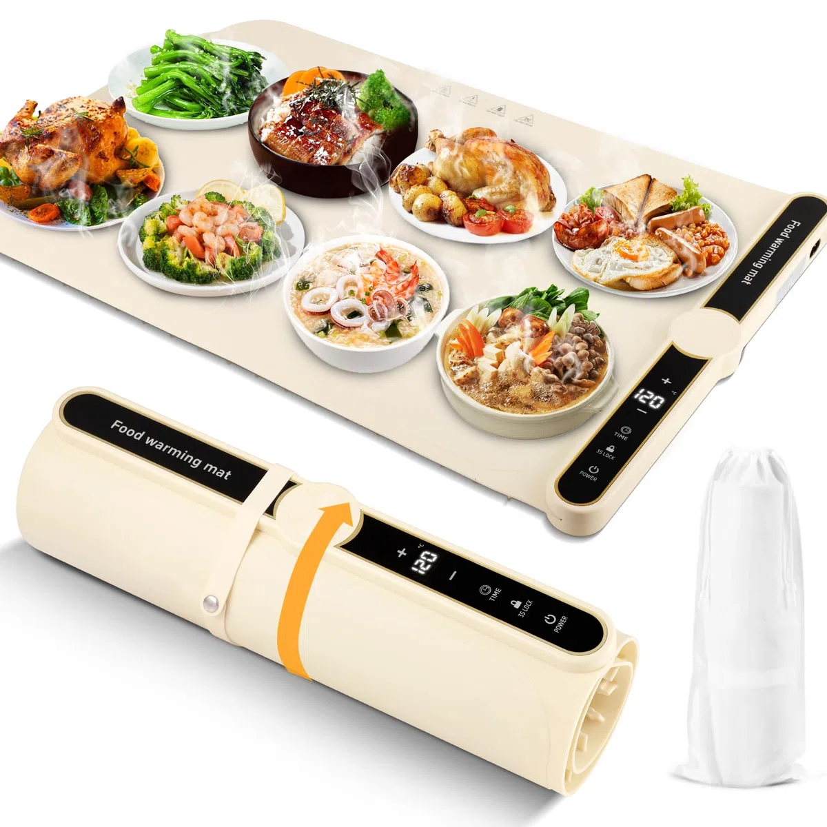 Vassoio Riscaldante Elettrico, Scaldavivande Elettrico Arrotolabile Pieghevole, Tappetino Riscaldante Elettrico con Timer e 9 Impostazioni di Temperatura per Feste a Buffet in Famiglia 80 x 38cm