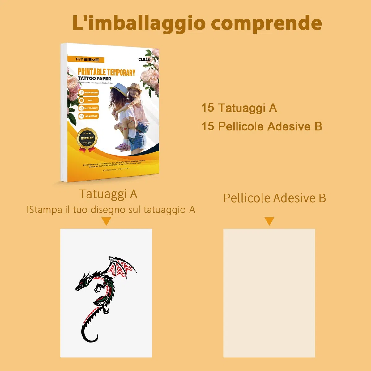 Stampabile carta di trasferimento temporaneo del tatuaggio per la stampante laser e a getto d'inchiostro, adesivi tatuaggi fai da te per il tatuaggio e candele 15 pack A4 (Trasparente)