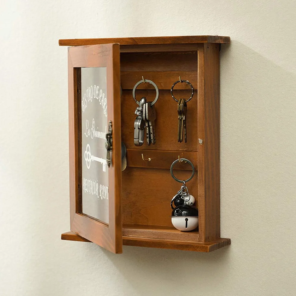 Portachiavi in Legno con Montaggio a Parete - Scatola a Muro Bella e Durevole con Porta in Vetro Retrò - 6 Ganci