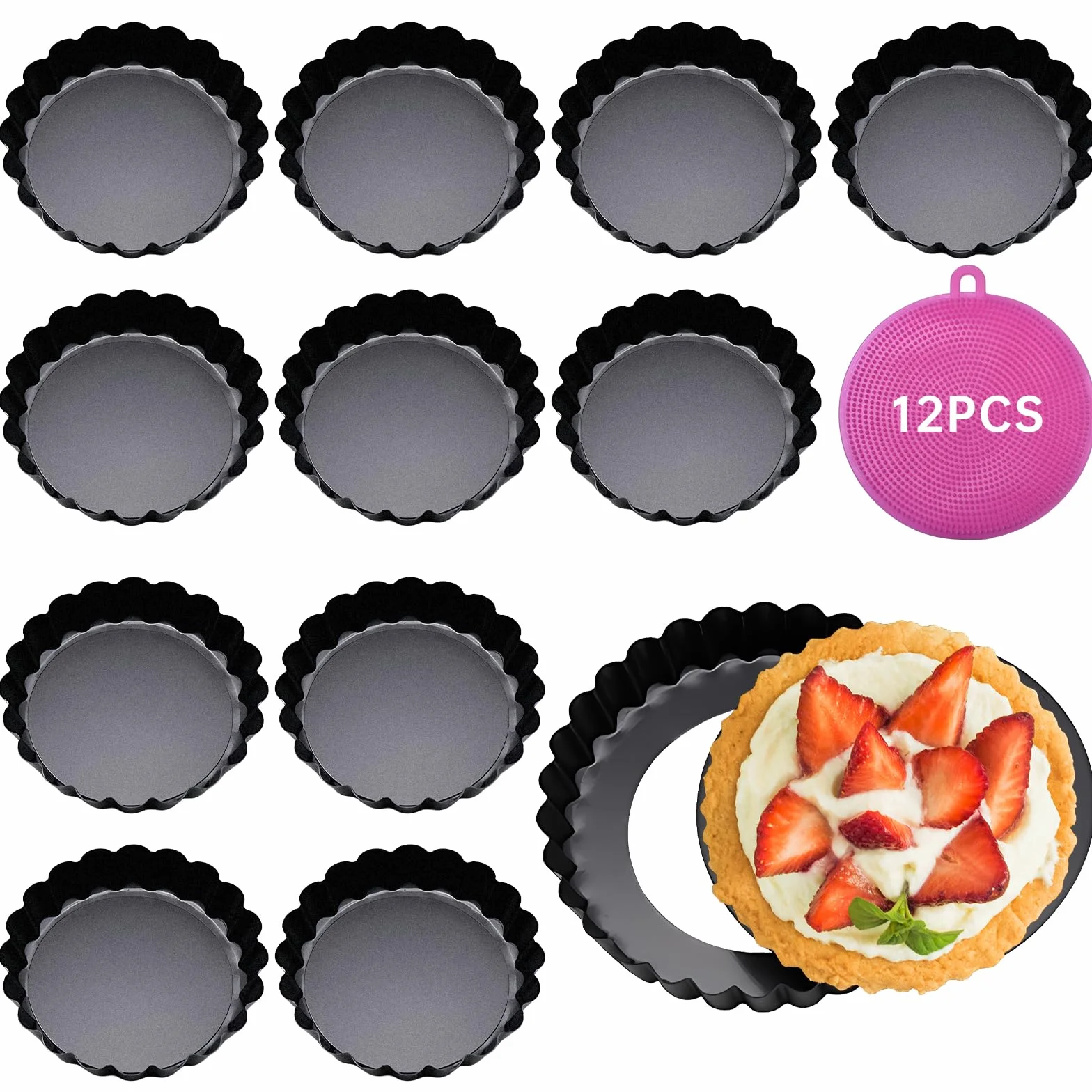 12 Pezzi Stampo Crostata Fondo Amovibile, Teglia per crostate 8cm/3 pollici, Stampi per Crostatine Acciaio al Carbonio, Antiaderenti Forme Per la Cottura di Dolci per Crostatine Pasticci