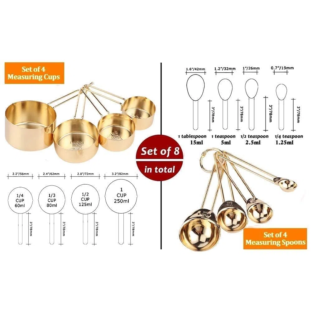8 Tazze e Cucchiai Dosatori Professionali con Scala Graduata, Set di Misurini e Cucchiai in Metallo, Controllo Accurato delle Porzioni Con Scala da 1.25ml a 250ml