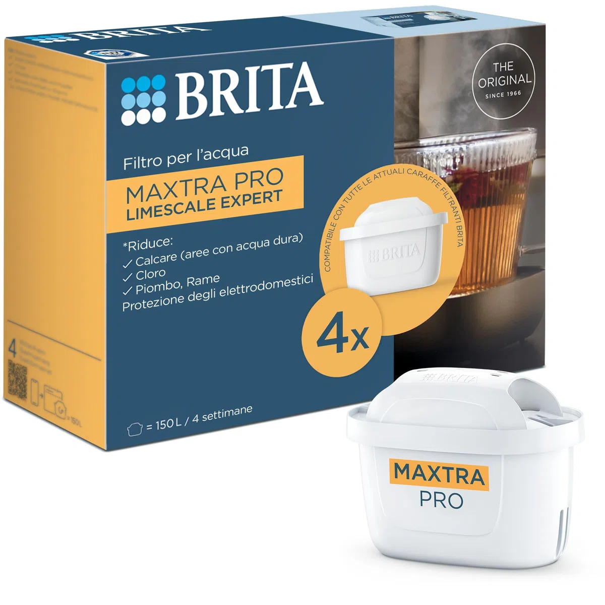 BRITA Filtro acqua rubinetto MAXTRA PRO Limescale Expert confezione da 4 filtri - Riduzione del calcare extra e ideale per bevande calde, filtro originale compatibile con caraffa acqua filtrante