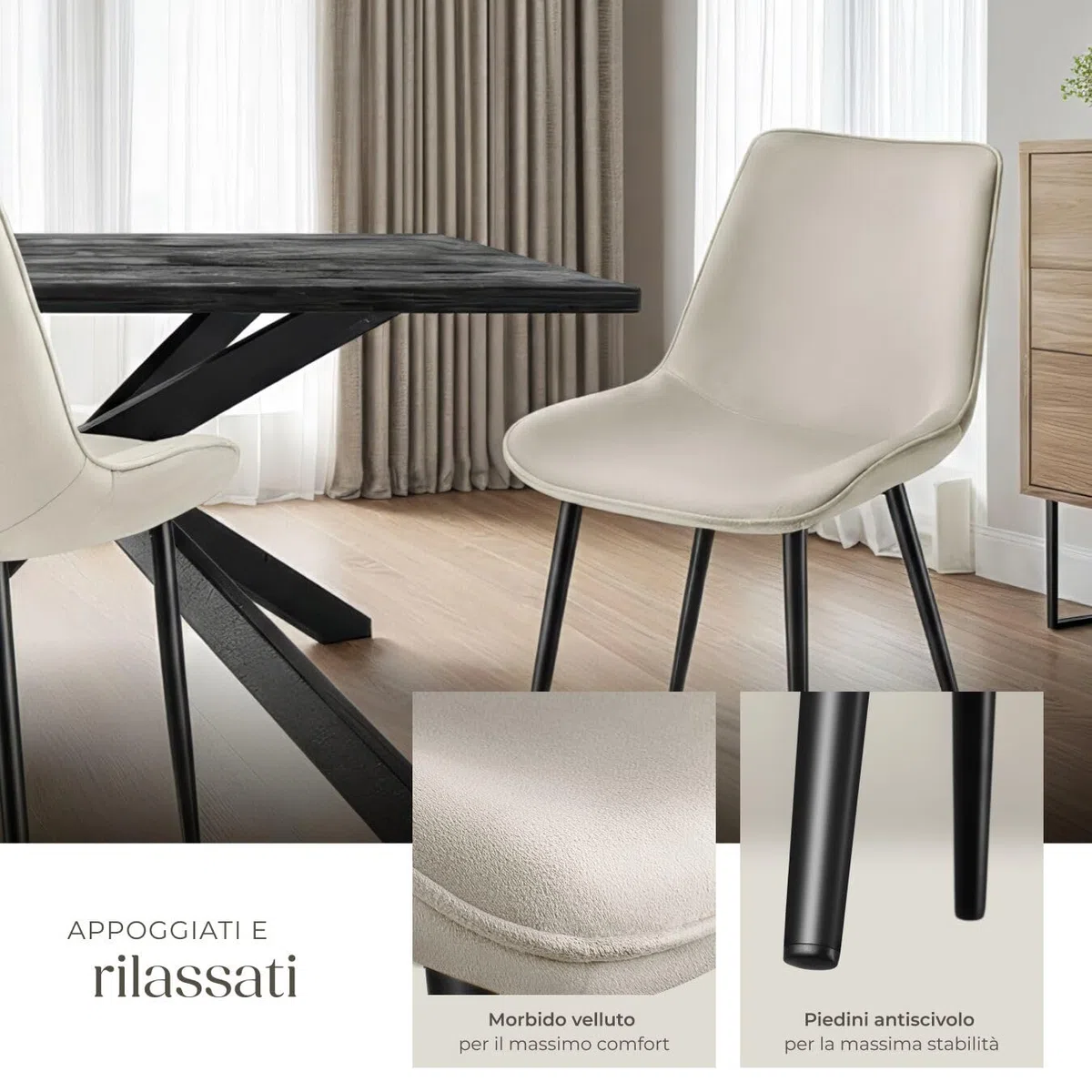 tectake® Set 2 Sedie Sala da Pranzo Effetto Velluto, Sedie Soggiorno con Morbida Imbottitura, Seduta Ergonomica, Poltrone Velluto Versatili, Sedie Design Moderno - Crema
