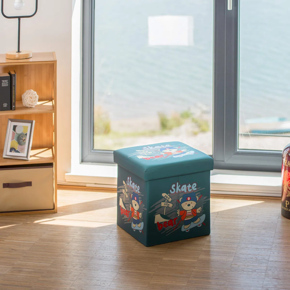 Relaxdays Sgabello pieghevole bambini, cesta porta-giochi, pouf contenitore, scatola con coperchio, HxLxP 38x38x38 cm, orso