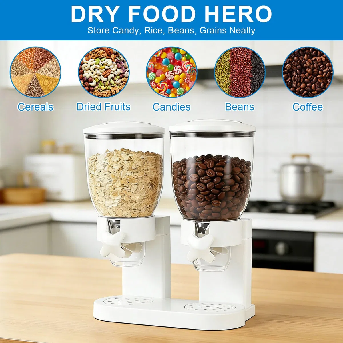 Dispenser per cereali da banco 2L, contenitore ermetico per l'organizzazione della dispensa, set di contenitori ermetici per cereali, riso, chicchi, dolci (doppio 4L bianco)