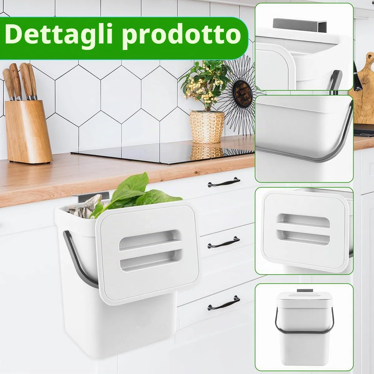 Secchio da Compost da Cucina Piccolo, Bidone della Spazzatura da Appendere, Biometro, Pattumiera per Piano di Lavoro, Contenitore con Coperchio, Compostiera, per Interni, 3 L, Bianco