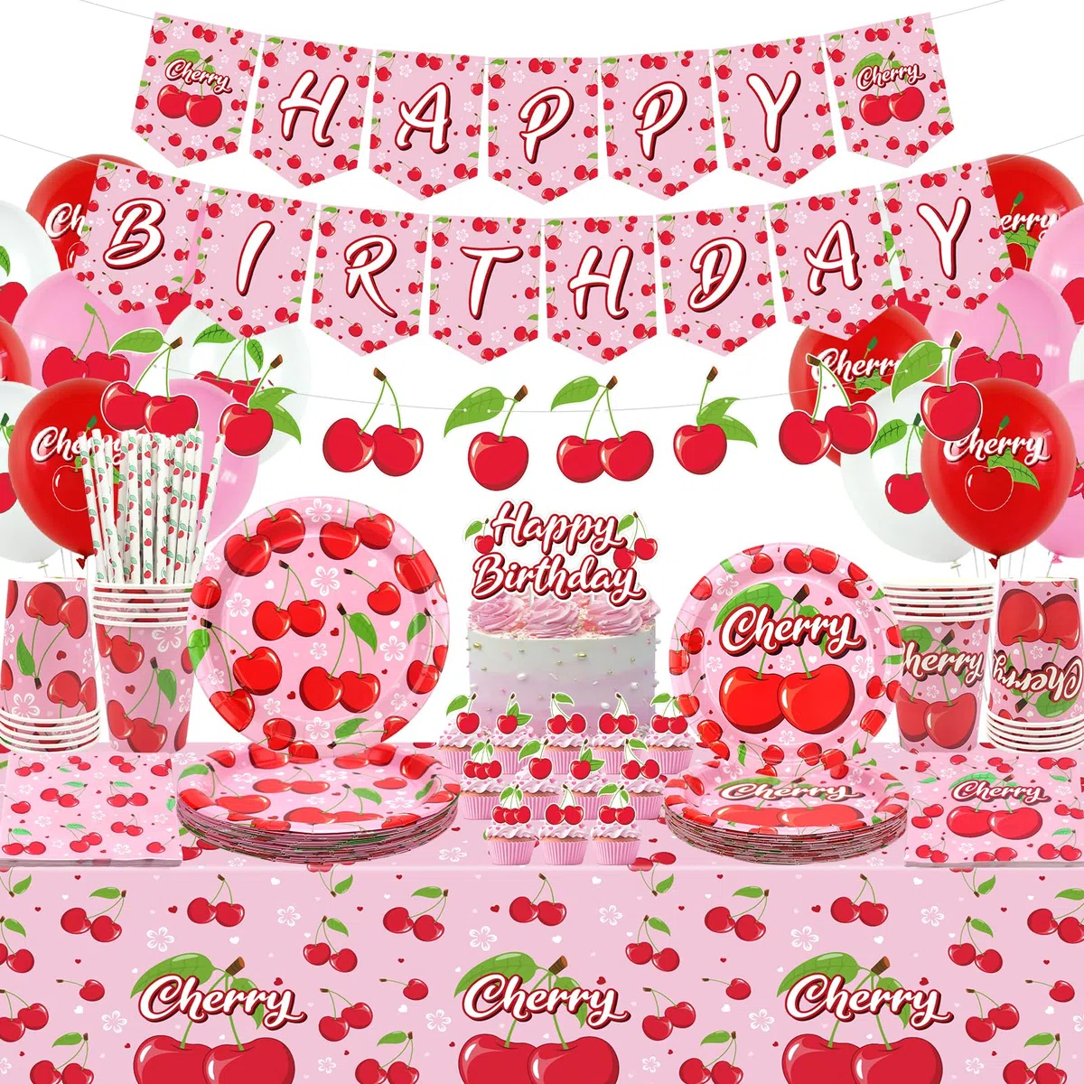 Decorazioni per feste di compleanno di ciliegia, accessori per feste di ciliegia, tra cui striscioni, piatti, topper per torte, tazze, tovaglioli, palloncini, tovaglia, 20 (LQ)