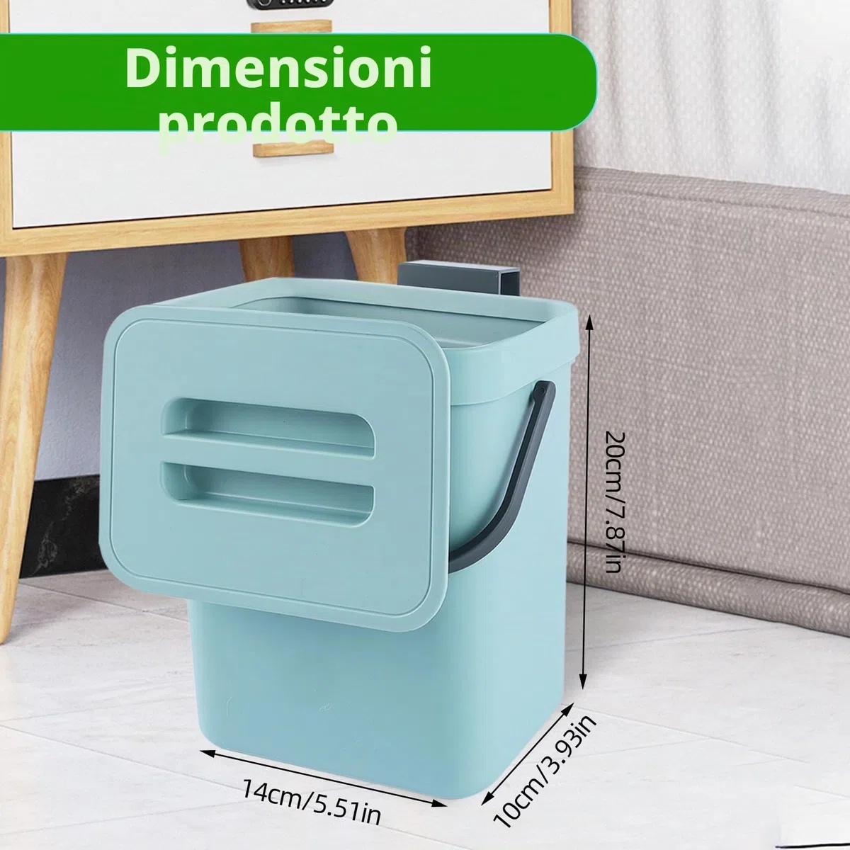 Secchio da Compost da Cucina Piccolo, Bidone della Spazzatura da Appendere, Biometro, Pattumiera per Piano di Lavoro, Contenitore con Coperchio, Compostiera, per Interni, 3 L, Blu.