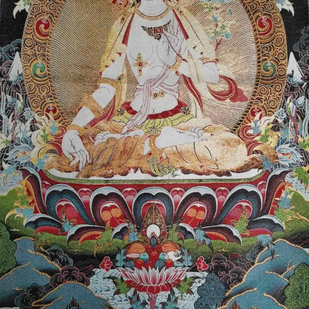 FENNYYAR Tela tibetana tibetana in seta bianca Tara, 90 cm, decorazione murale Guanyin Kwan-yin Tangka Thangka