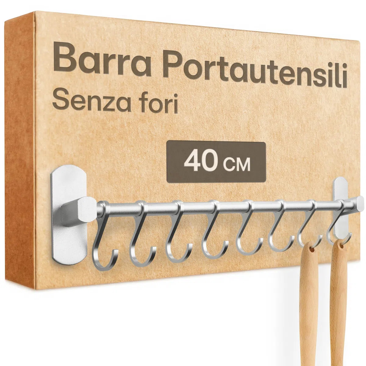 Praknu Barra Portautensili da Cucina Adesiva – 8 Ganci Regolabili - Installazione Senza Buchi - 40 cm – Supporto in Alluminio per Utensili da Cucina