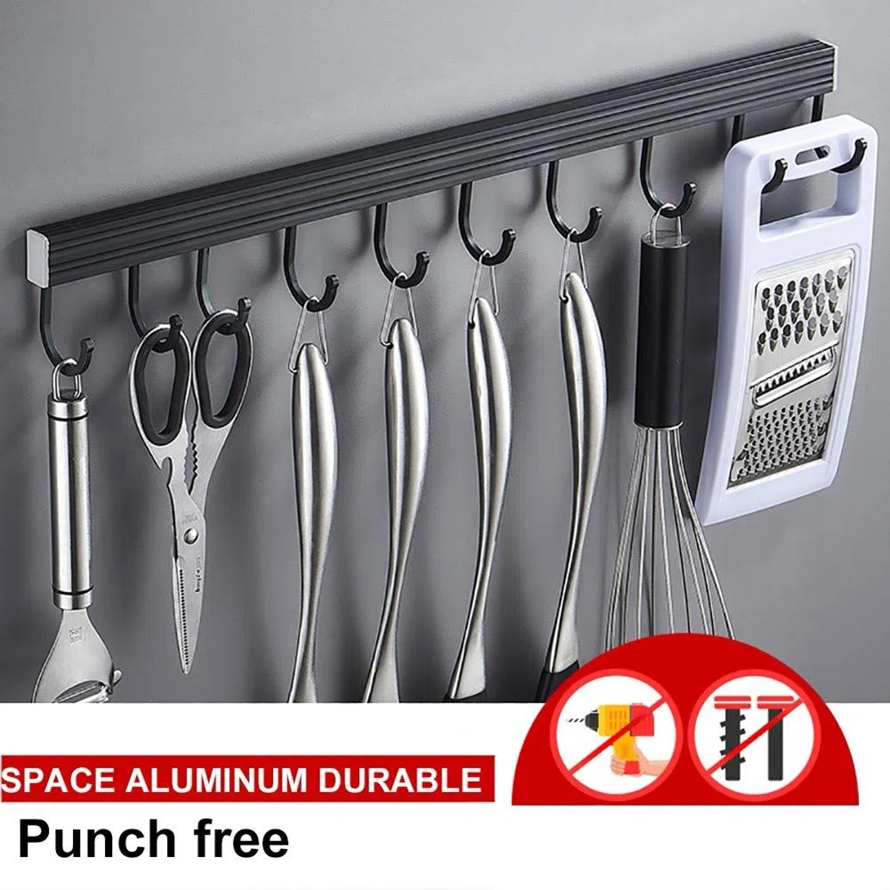 Barra Porta Utensili da Cucina Alluminio con 12 Ganci Mobili Barra Portamestoli Cucina Binario Cucina Portautensili Carico 20kg,60cm,nero