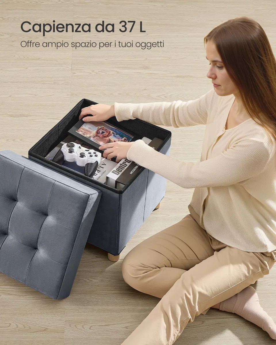 SONGMICS Pouf Contenitore, Cassapanca Pieghevole, 38 x 38 x 40 cm, Sgabello Poggiapiedi, 37 L, Superficie in Velluto, per Camera da Letto Soggiorno, Grigio Ardesia LSF0516G01
