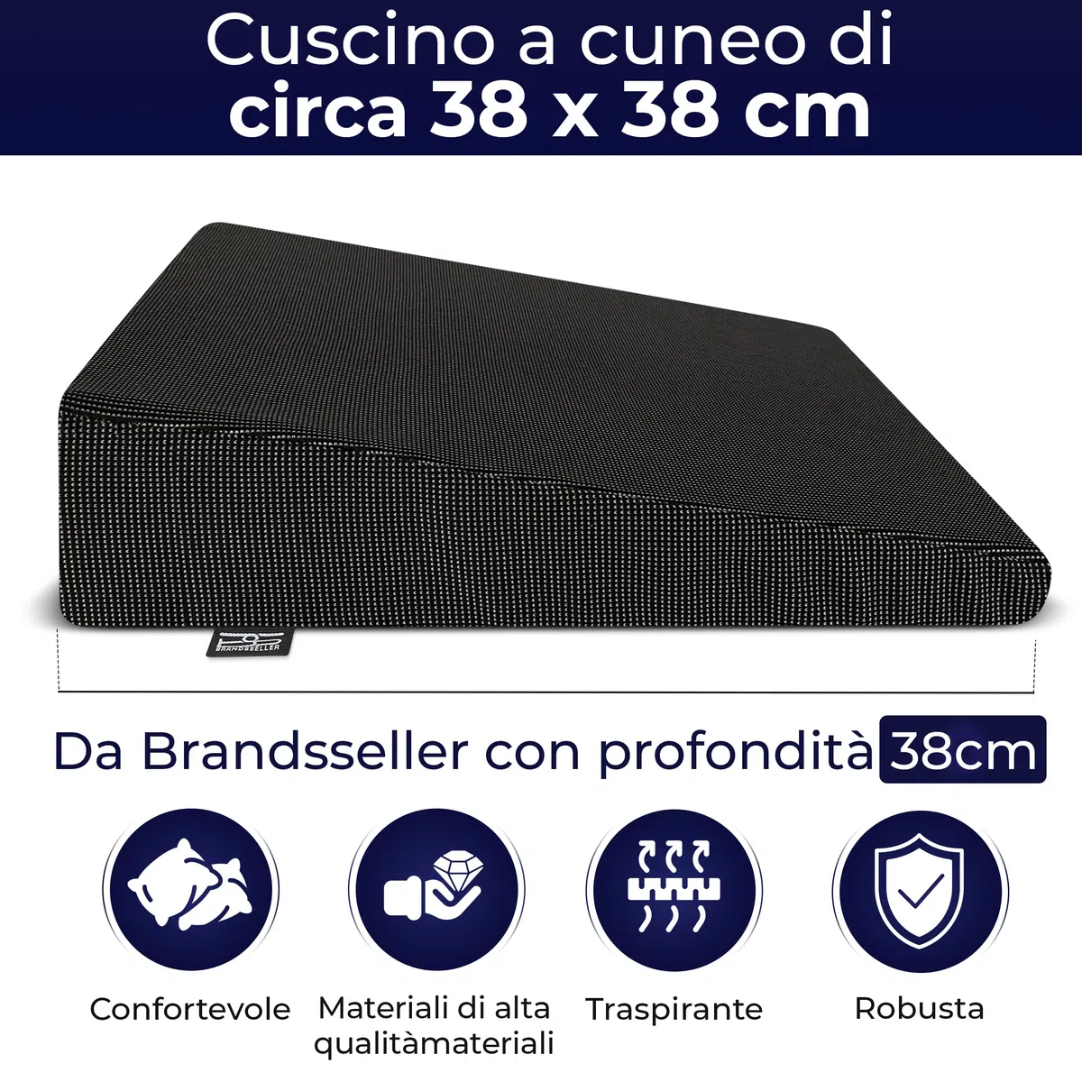 Cuscino a Cuneo 38x38x8/2 cm per Sedia, Ufficio e Auto, Cuscino Ergonomico per Seduta Corretta, Supporto per Schiena, Nero