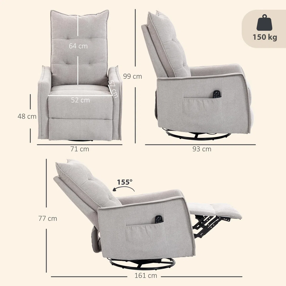 HOMCOM Poltrona Massaggiante Reclinabile Manuale 155° Riscaldante, 8 Punti di Massaggio, Poltrona Relax Girevole in Ciniglia, Funzione Dondolo, Poggiapiedi, Telecomando, Tasche Laterali, Grigio Chiaro